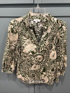 Umgee Green & Cream Paisley Floral Ruffle Collar Blouse